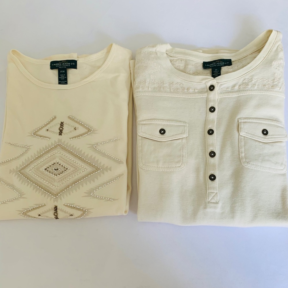 Lauren Ralph Lauren Tops Women M Cream Beaded Henley Southwestern Cowgirl Rodeo